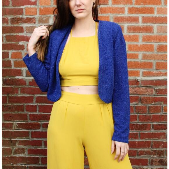 Vintage 80s Onyx Nite Lurex Bolero Jacket  Sapphire Blue Sparkle Knit | Size M - Picture 1 of 7